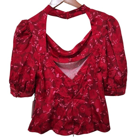 ASTR The Label Red Floral Mock Neck Cowl Drape Top Women's M Baddie EMO - Picture 4 of 9